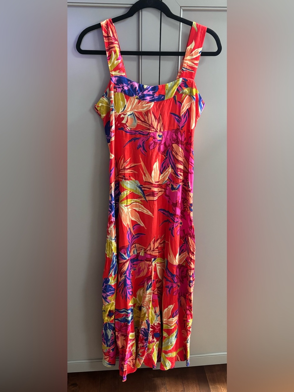 1. State Red Tropical Maxi Dress with Pink, Yellow and Blue Floral Print
